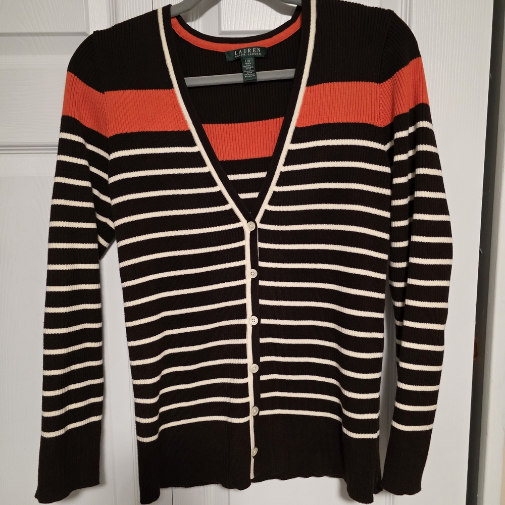 Ralph Lauren Brown Cardigan with Orange and Cream Accents